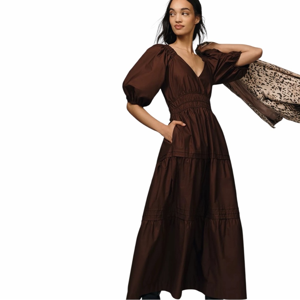 NWT Maeve Smocked V-Neck Half-Sleeve Tiered Midi Dress
in Solid Brown Size XXSP